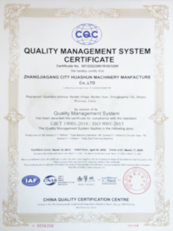 Certifikat for maskindirektivet kvalitetsstyringssystem